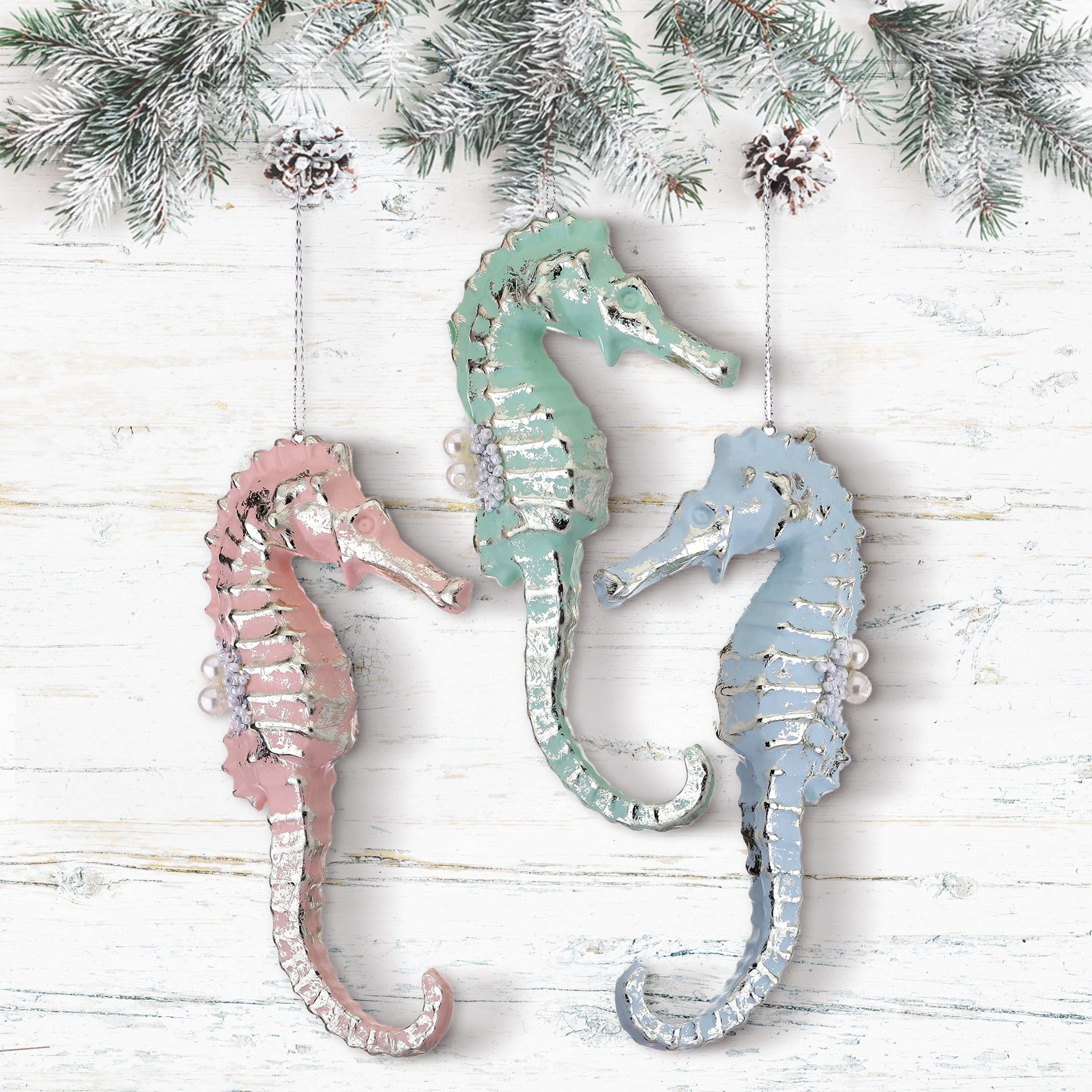6" Pearl Beaded Seahorse Ornament Set of 12