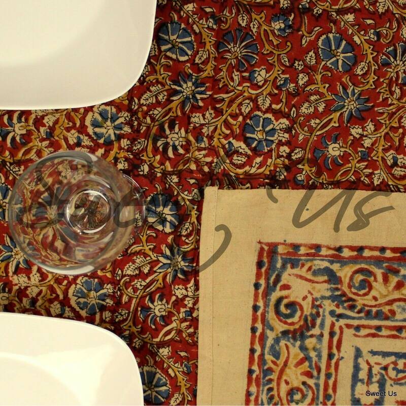 Block Print Cotton Vegetable Dye Antique Floral Tablecloth Rectangle