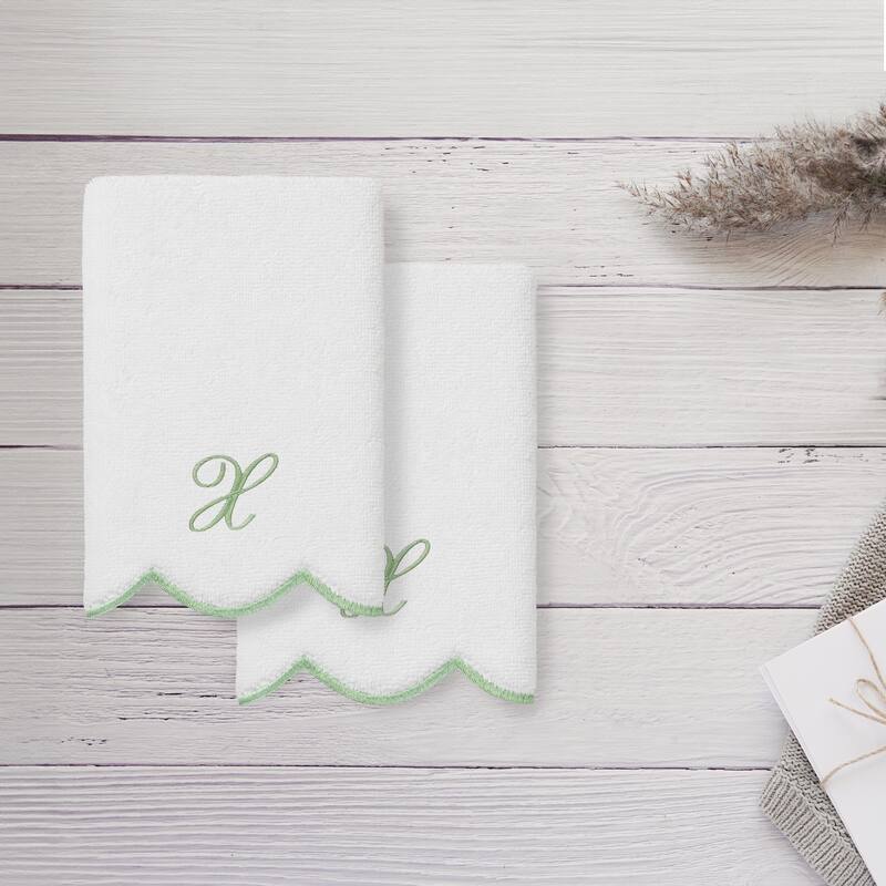 Authentic Hotel and Spa 100% Turkish Cotton Green ADORNIA Scallop Personalized 2 Piece Fingertip Towel Set - 2 Fingertip Towels
