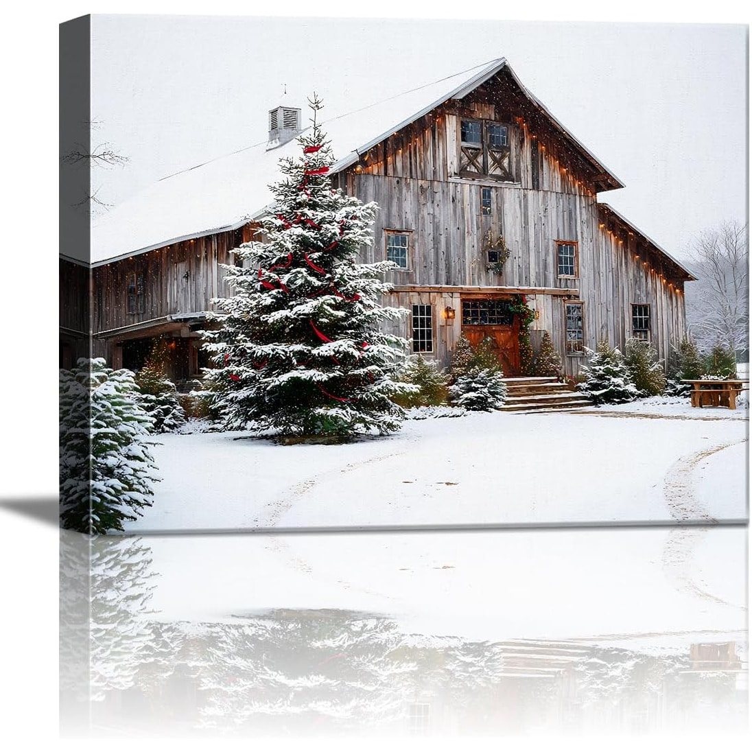 Rustic White Barn Christmas Tree Winter Landscape Canvas Wall Art