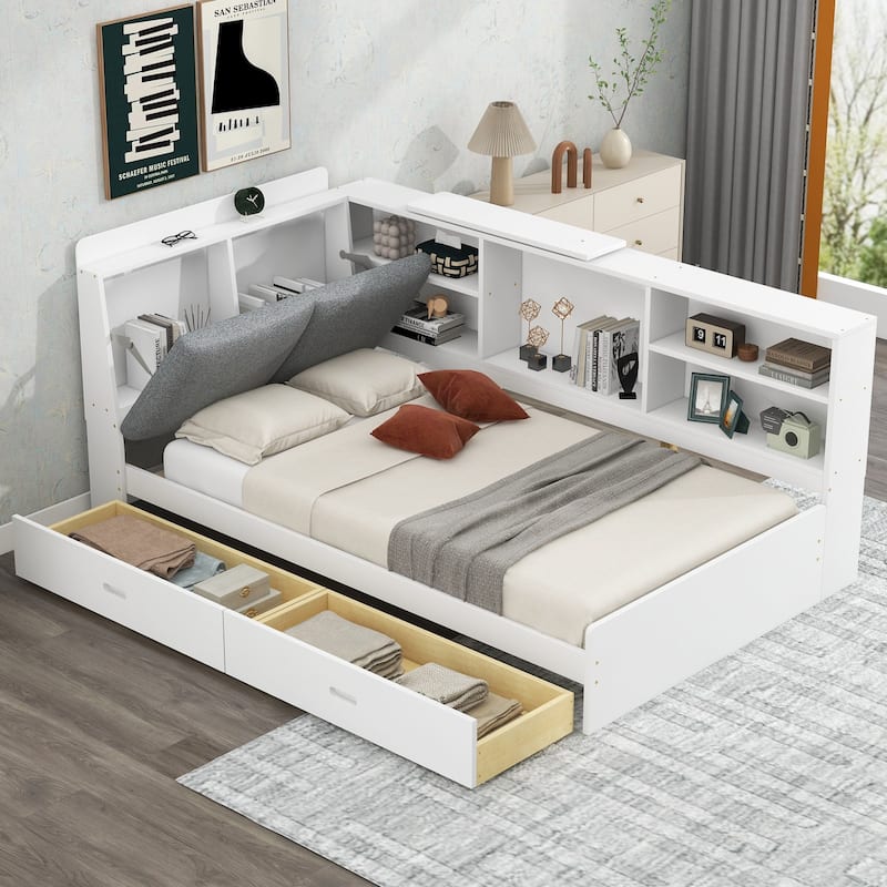 Wood Twin Size platform bed with Storage Headboard