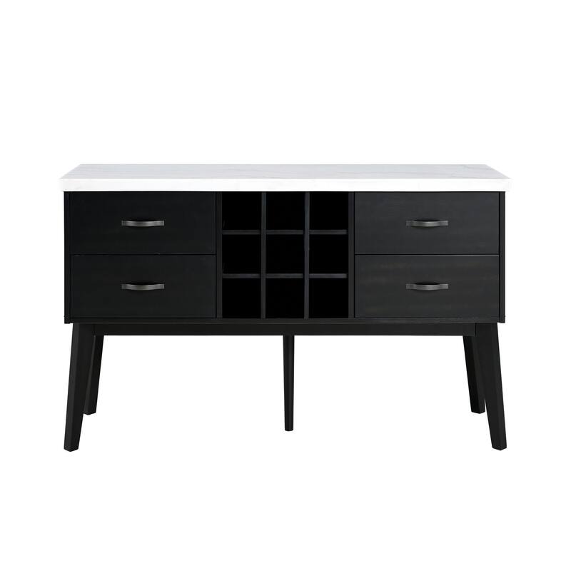 Furniture of America Fieny Modern Black and White Genuine Marble Dining Server Cabinet with Bottle Wine Rack