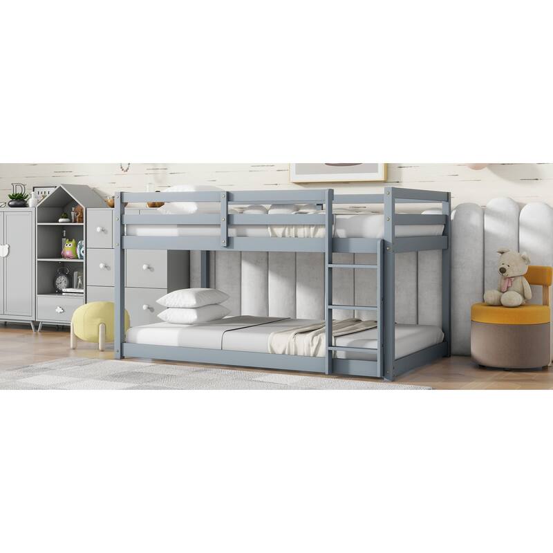 Roomfitters Solid Rubber Wood Twin over Twin Floor Bunk Bed with Ladder, Reinforced Slat Platforms, Low Height Design