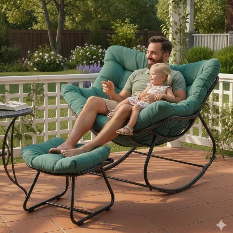 Light Green Egg Rocking Chair with Ottoman, Wicker Lounge