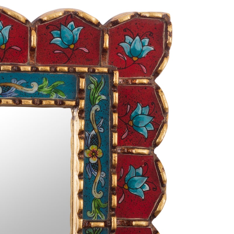 Novica Handmade Cusco Blossoms In Red Reverse-Painted Glass Wall Mirror