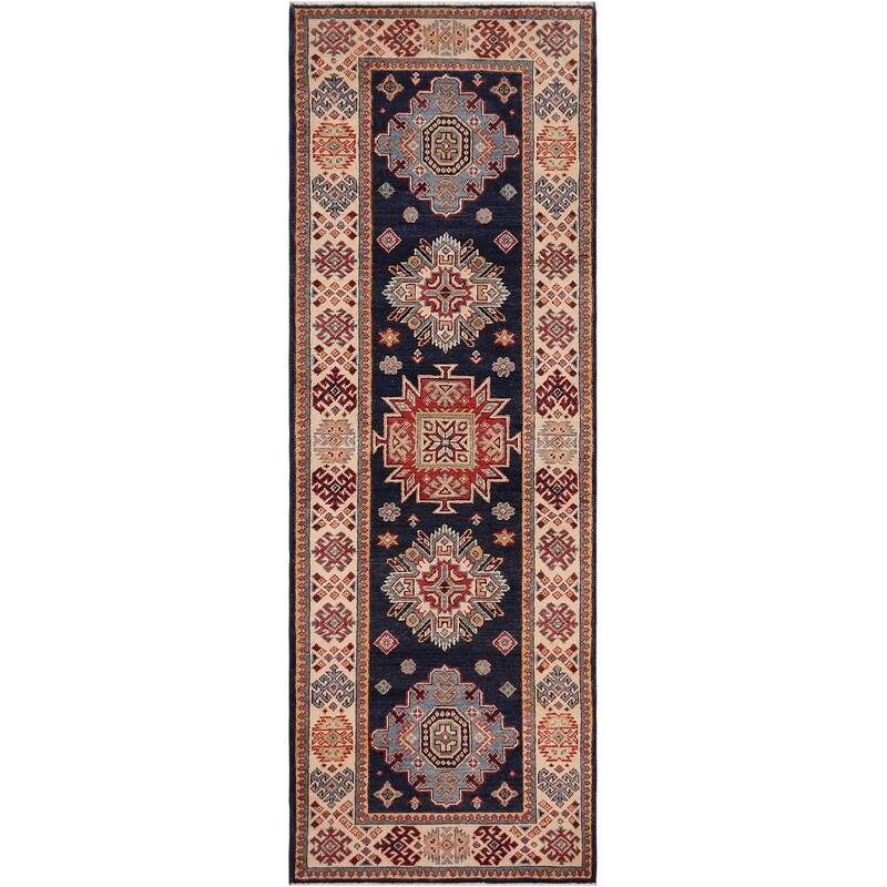 Southwestern Kazak Avery Blue/Beige Wool Runner - 2'8'' x 7'9''