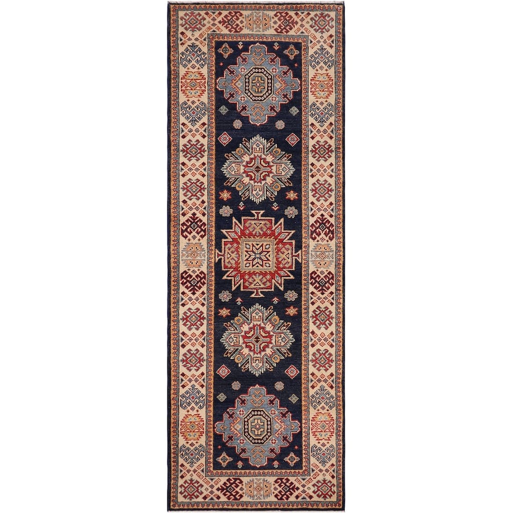 Southwestern Kazak Avery Blue/Beige Wool Runner - 2'8'' x 7'9''