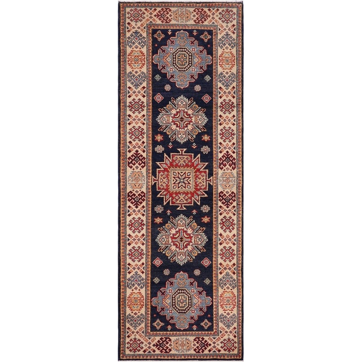 Southwestern Kazak Avery Blue/Beige Wool Runner - 2'8'' x 7'9''