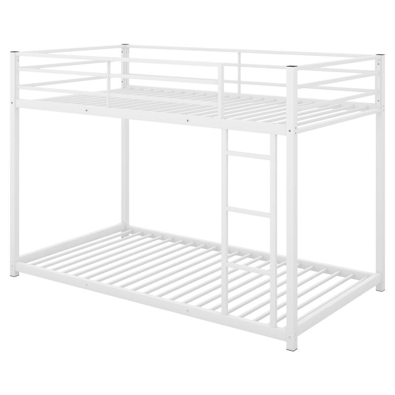 Twin over Twin Metal Bunk Bed, Low Bunk Bed with Ladder, Equipped with Safety Barriers Bed