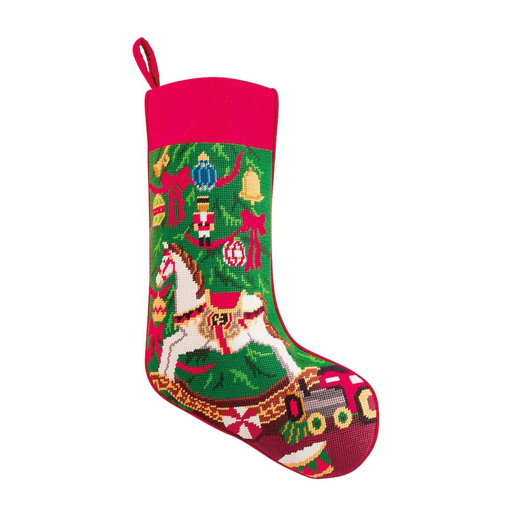 Holiday Rocking Horse Embroidered Needlepoint Stocking - 11"x18"