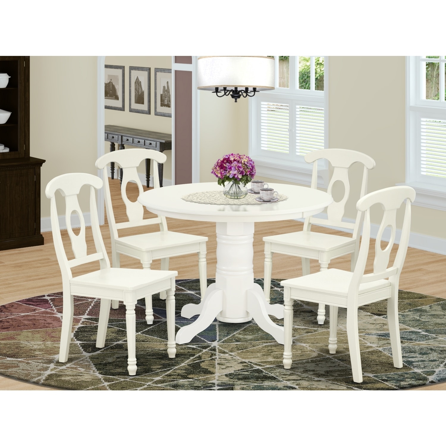 HomeStock 5-Piece Round Linen White Finish Solid Wood Top Dining table with 4 Chairs