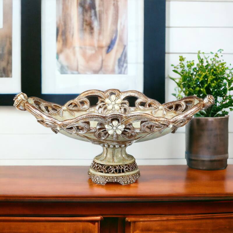 HomeRoots 9" Beige And Gold Polyresin Decorative Bowl - 11' X '9' X '20 - 11' X '9' X '20
