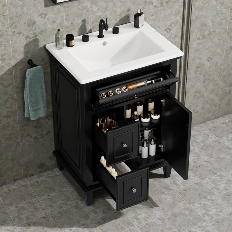 24" Bathroom Vanity with Sink, Flip Drawer & 2 Drawers, Solid Wood Frame, Adjustable Shelf, Ceramic Top
