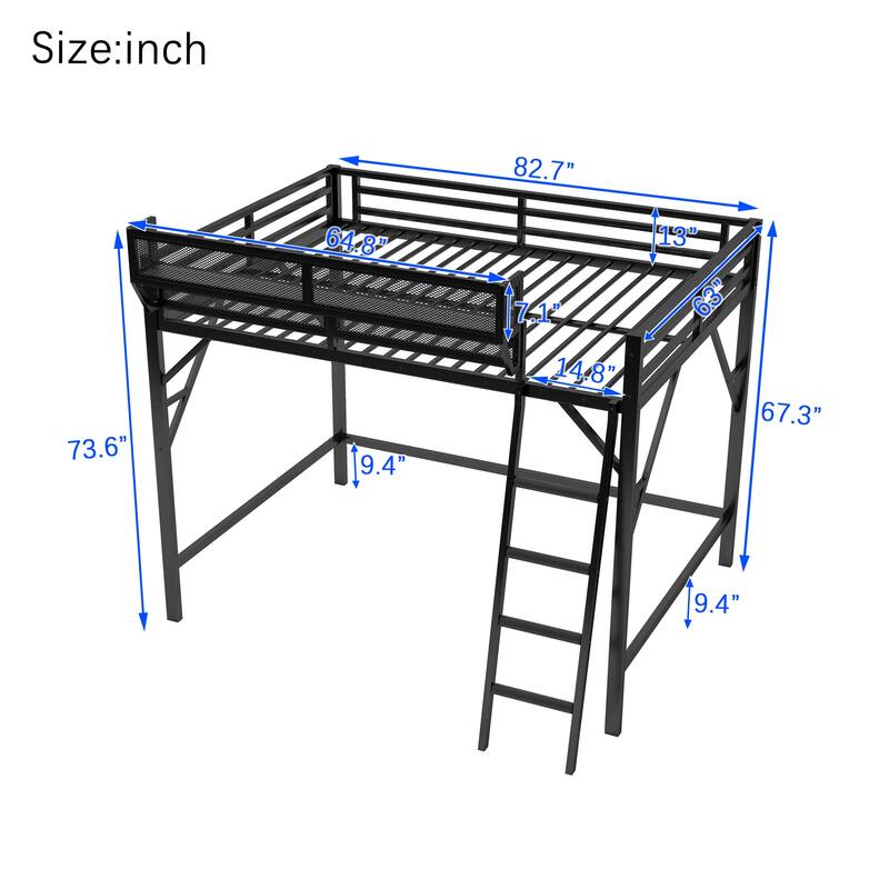 Heavy Duty Metal Loft Bed Frame with Guardrails and Storage Shelves