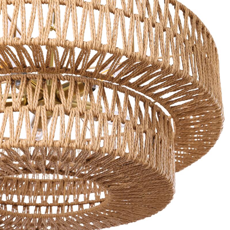 21.65" Rattan Drum Chandelier 2-Tier Boho Hand Woven Pendant Light - Large