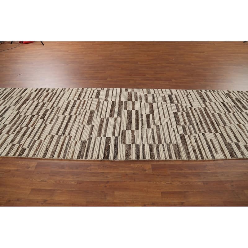 All-Over Striped Moroccan Oriental Runner Rug Hand-Knotted Wool Carpet - 4'0"x 13'6"