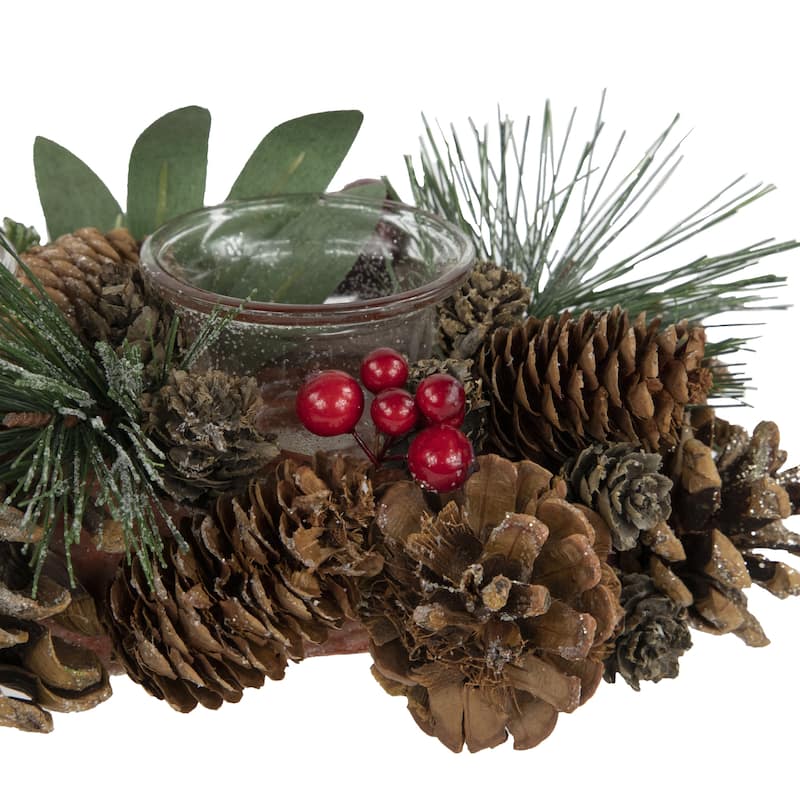 15.25" Glitter Pinecones and Red Berries Tealight Christmas Candle Holder