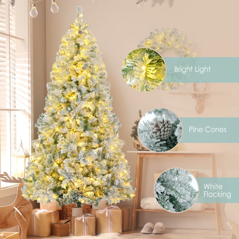 Pre-Lit Snow Flocked Tree Set - Tree + Garland + Wreath, Colorful LED Lights, Pine Cones - White+Green