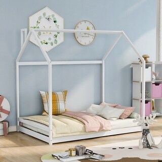 Semi-Enclosed House Bed for Kids, Full Size Floor Bed with Roof, Playhouse Design, Solid Pine Wood Frame, No Slats
