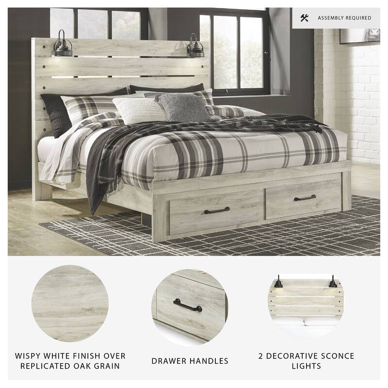Cambeck Whitewashed Panel Bed w/ 2 Footboard Storage Drawers