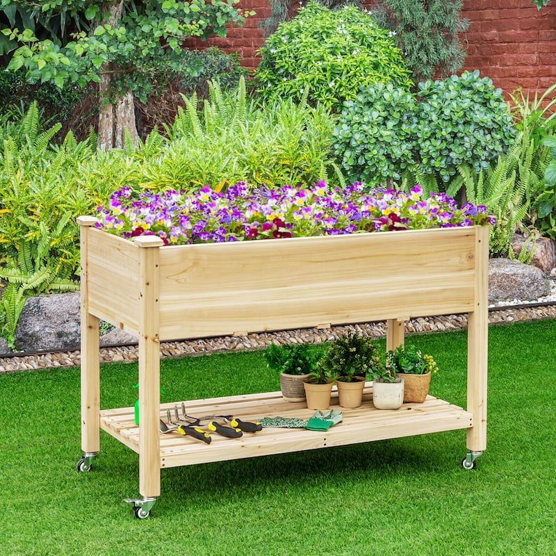 Gymax Raised Garden Bed Wood Elevated Planter Bed w/Lockable Wheels - See Details