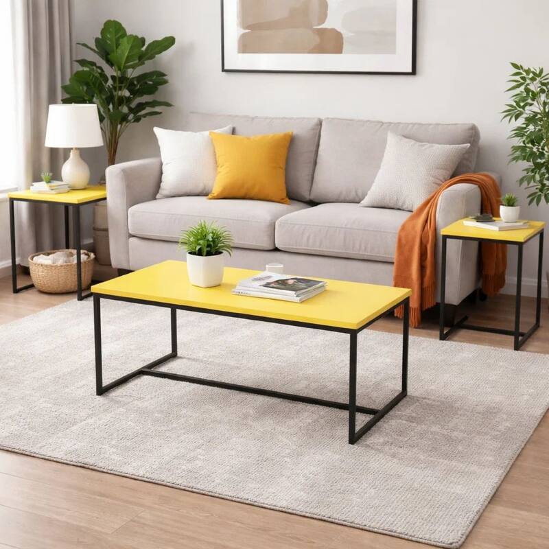 Ont 3 Piece Coffee Table and End Table Set, Yellow Carbon Fiber Top