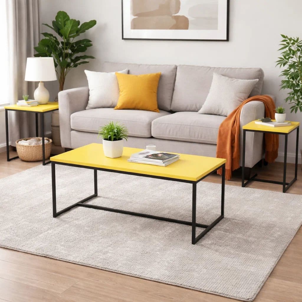 Ont 3 Piece Coffee Table and End Table Set, Yellow Carbon Fiber Top