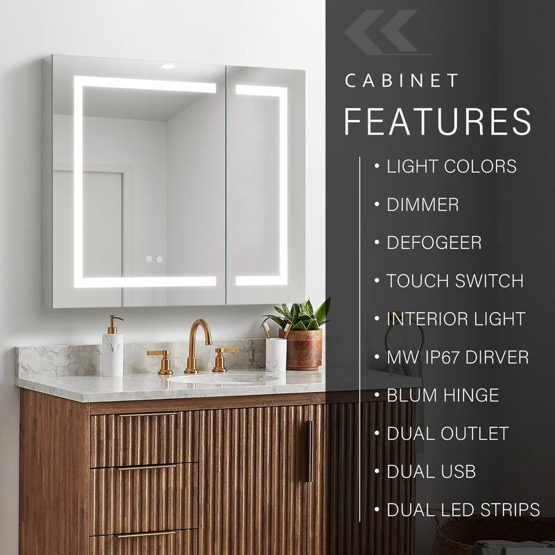 30" H Recessed or Surface LED Mirror Cabinet with Adjustable Glass Shelves,Defogger, Dimmer And Outlets & USB Ports