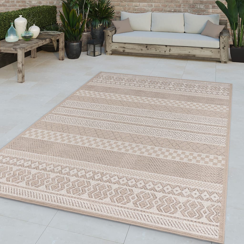 Boho Oudoor Rug for Patio Modern durable in Cream Beige