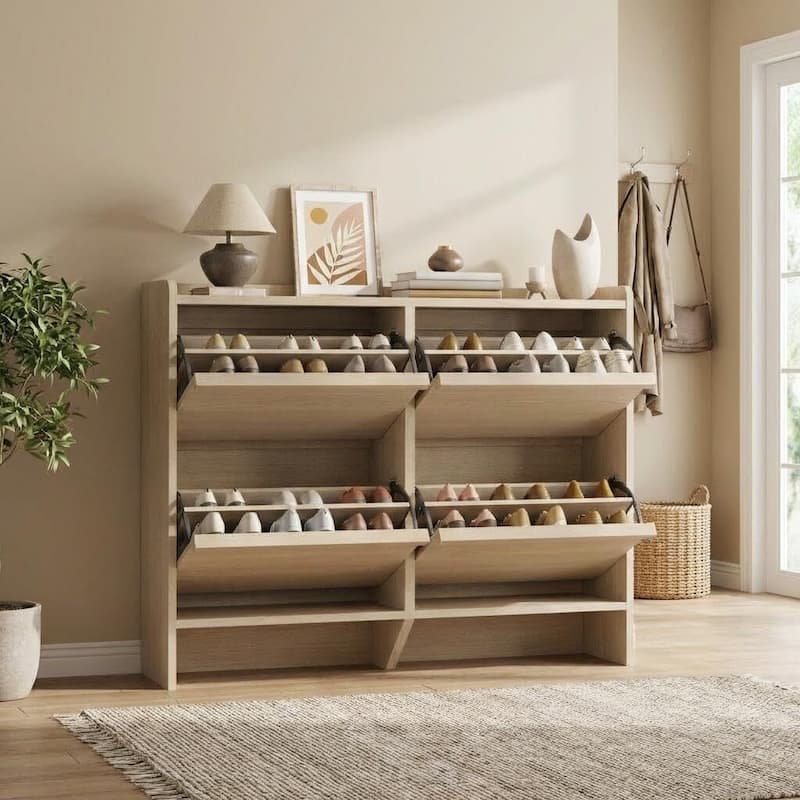 Narrow Shoe Cabinet Organizer with 4 Flip Drawers for Entryway, Hallway, Living Room - Khaki