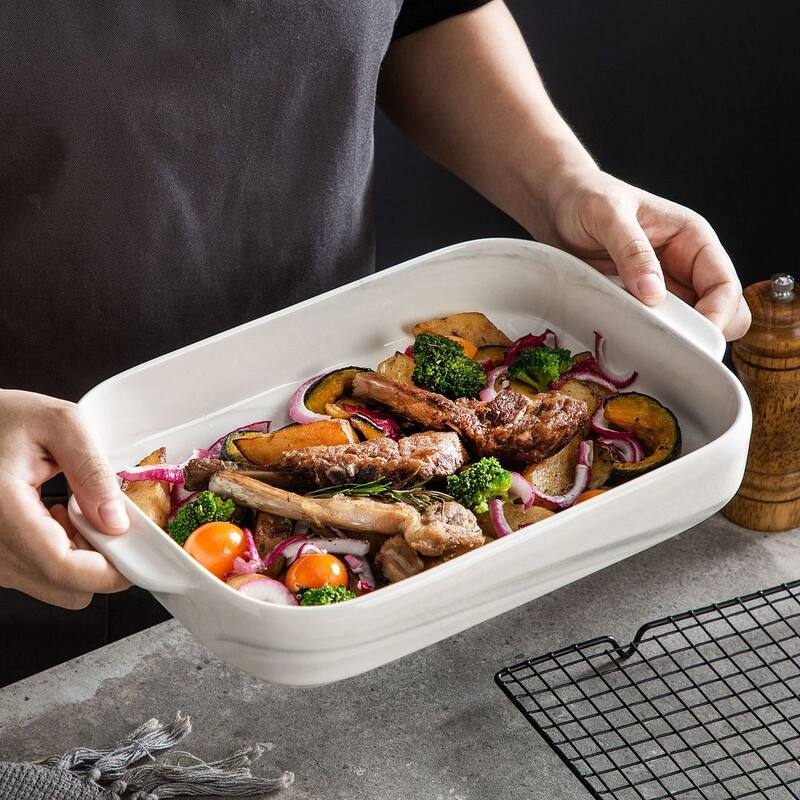 MALACASA Marble Grey Porcelain Baking Pan with Handles