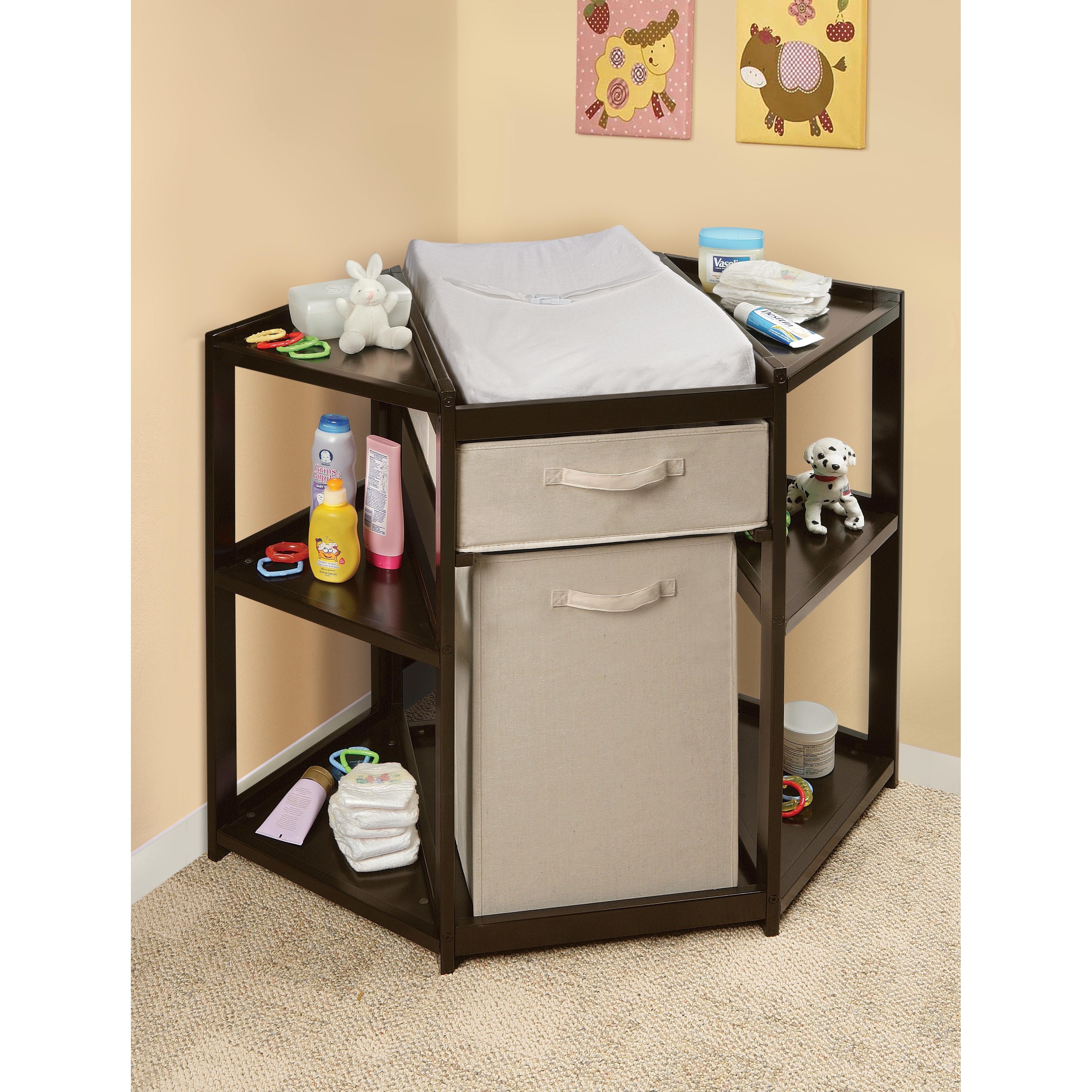 Diaper Corner Baby Changing Table with Hamper and Basket Espresso