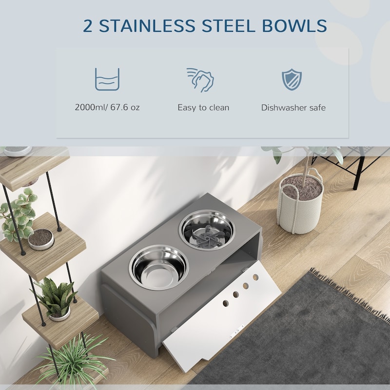 Adjustable Raised Dog Feeding Station with 2 Stainless Steel Bowls and Slow Feeder Mat Gray for Medium to Extra Large Dogs