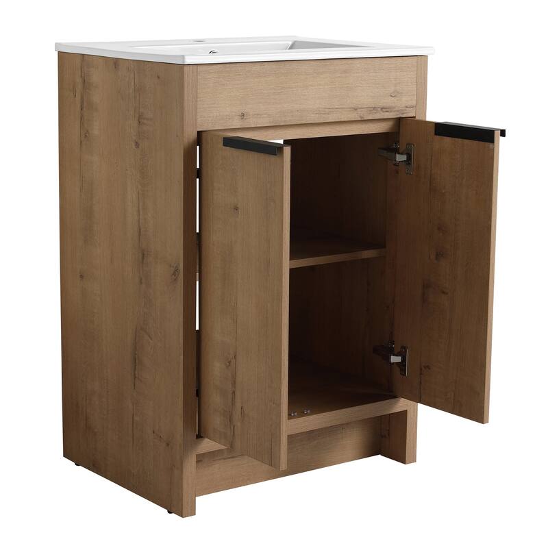 24 Inch Plywood Freestanding Bathroom Vanity Set with Integrated Ceramic Basin and Doors