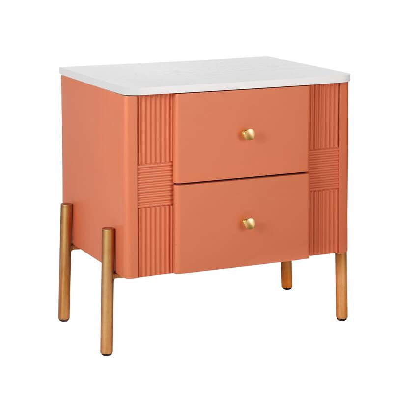 Contemporary Nightstand Featuring 2 Storage Drawers, Fluted Design with Gold-Tone Metal Handles and Legs, Versatile End Table