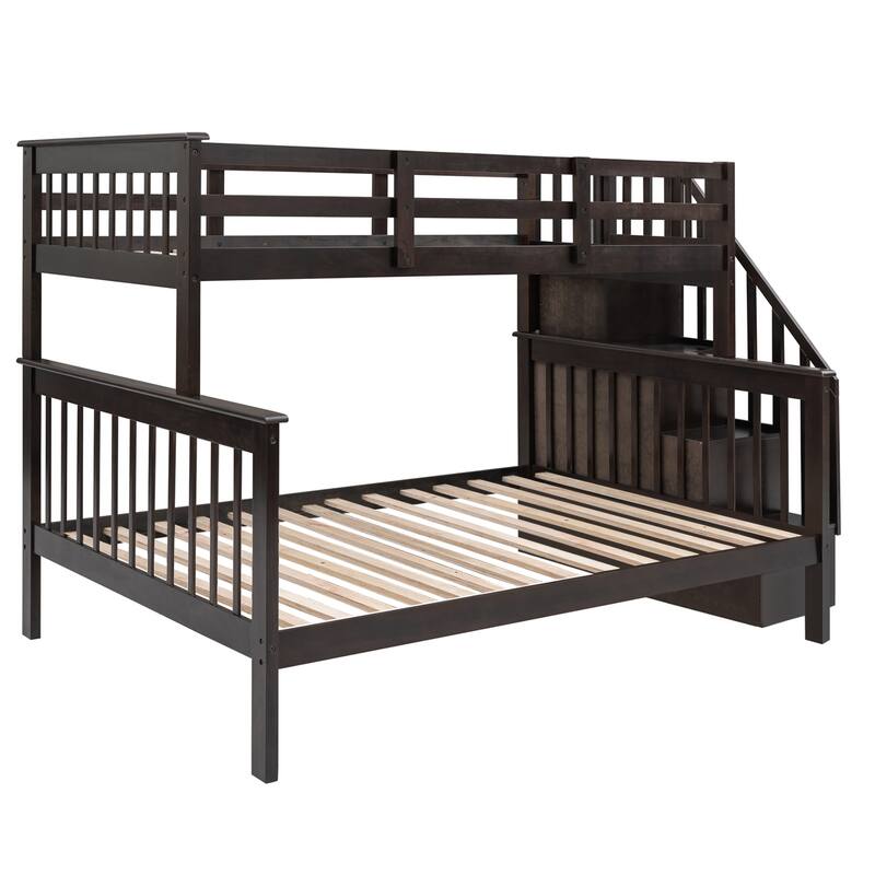 Twin Over Full Bunk Bed with Storage Staircase, Solid Pine Wood Frame, Guardrail for Safety, Convertible Beds for Bedroom
