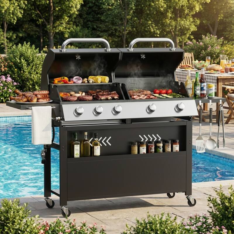 64-Inch 5-Burner Outdoor Gas Grill with Left BBQ & Right Teppanyaki Griddle for Patio, Garden, Backyard