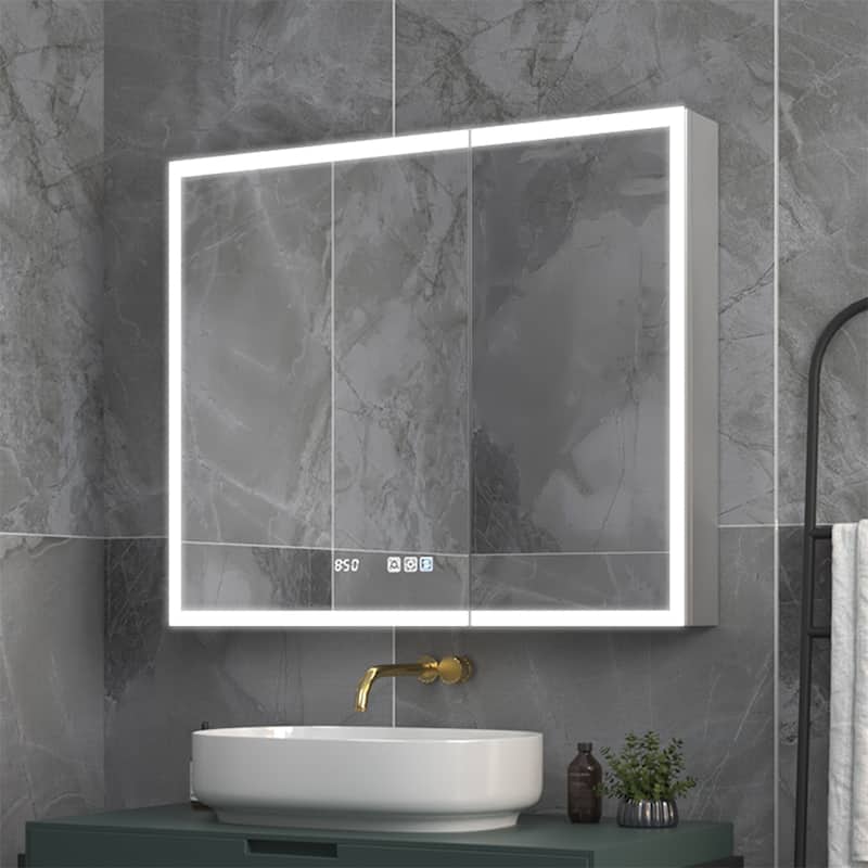 ExBrite 36" W x 30" H Led Lighted Medicine Cabinet Recessed or Surface with Clock - 36" x 30"