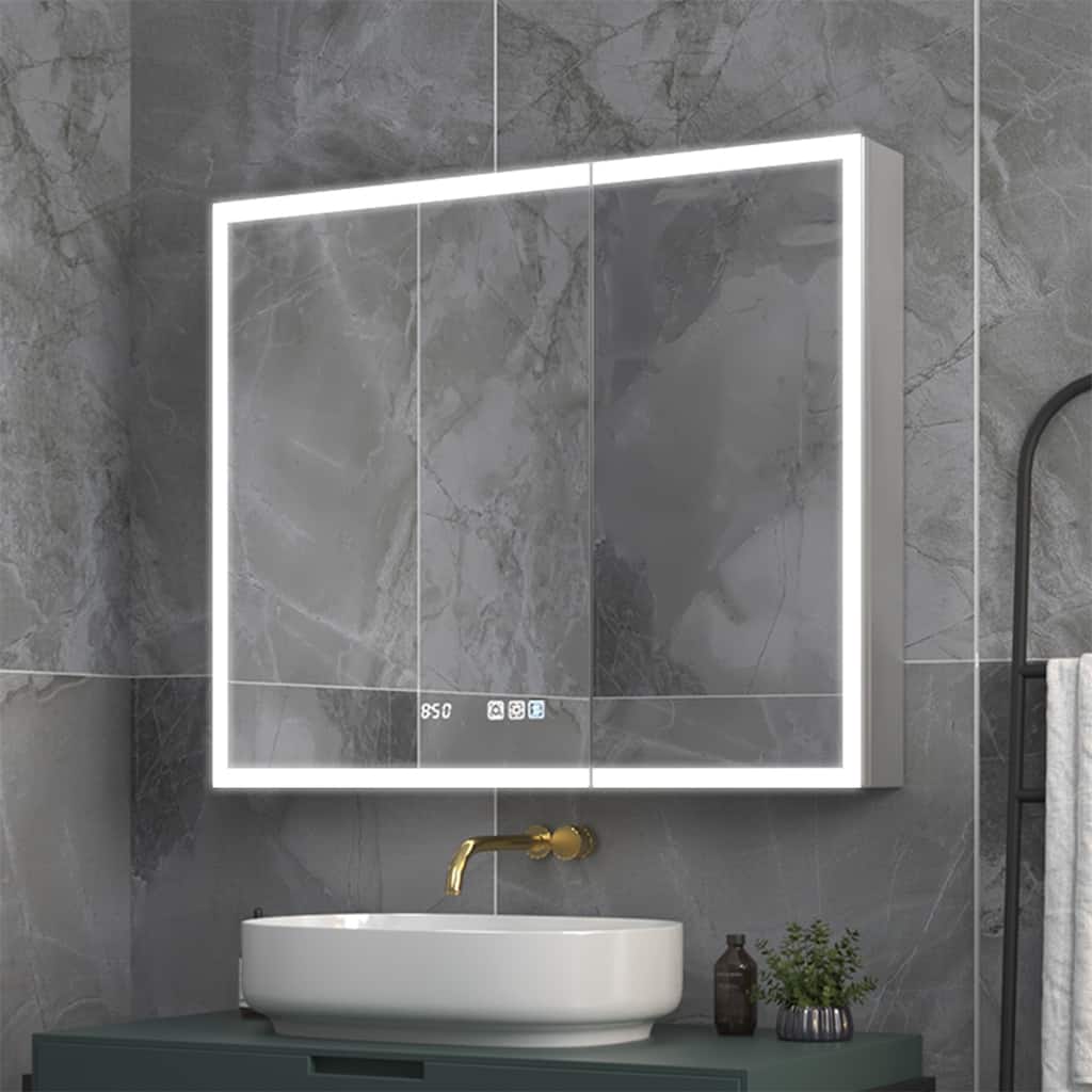 ExBrite 36" W x 30" H Led Lighted Medicine Cabinet Recessed or Surface with Clock - 36" x 30"