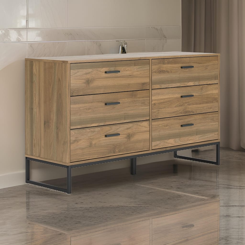Deana Wide Dresser, 6 Drawers, Brown Wood, Black Metal Base, 59 Inch
