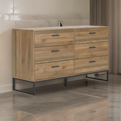 Deana Wide Dresser, 6 Drawers, Brown Wood, Black Metal Base, 59 Inch