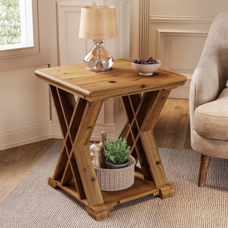Solid Wood End Table, 2-Tier Side Table with Geometric X-Shape Design - Brown (1 piece)