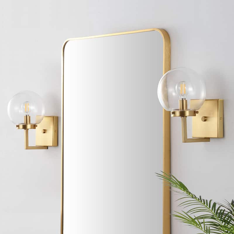 SAFAVIEH Lighting Ganon Wall Sconce (Set of 2) - Satin Brass/Clear - 6"W x 7"D x 9"H