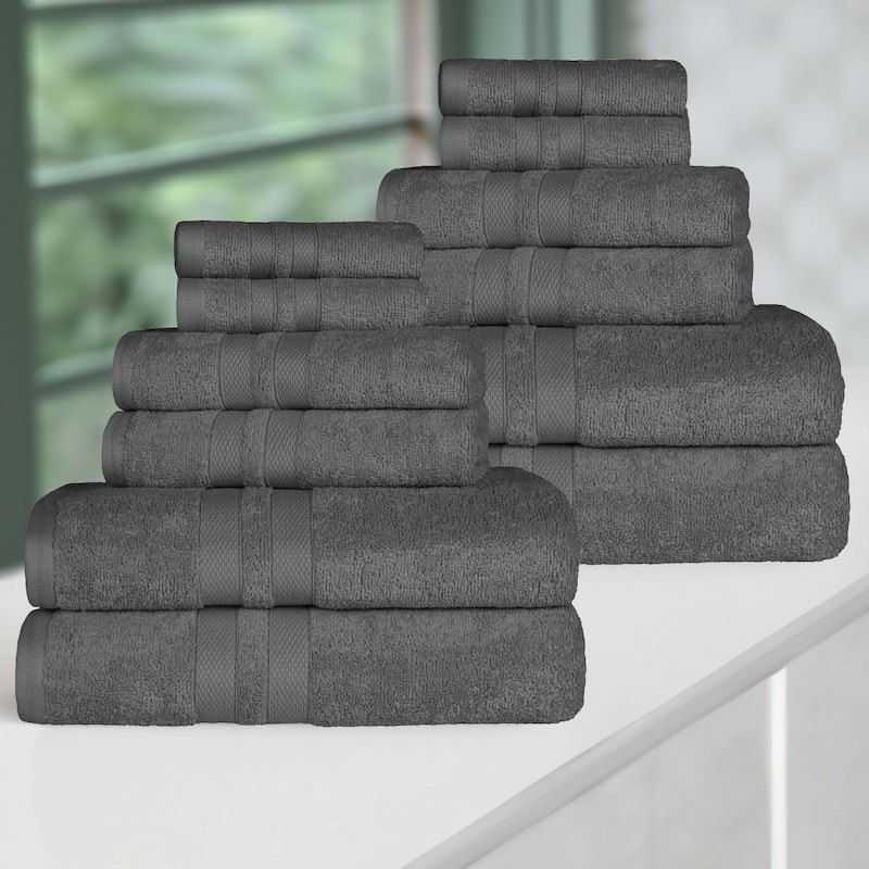 Superior Ultra-Soft Cotton Solid Quick-Drying 12 Piece Towel Set - Charcoal