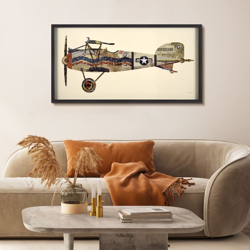 Empire Art "Antique Biplane #3" Alex Zeng's dimensional collage, under glass & a black shadow box frame