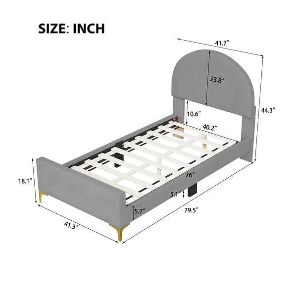 dimension image slide 4 of 6, Bedroom Velvet Fabric Bed Frame with Classic Semi-circle Shaped Headboard and Metal Legs, Upholstered Platform Bed for Kids