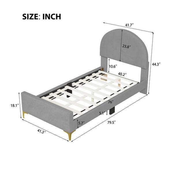 dimension image slide 0 of 3, Twin Size Velvet Upholstered Platform Bed with Classic Semi-circle Shaped Headboard and Mental Legs for Kids Teens Adults