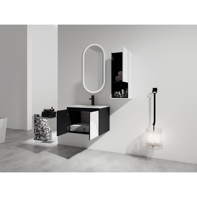 24" Wall-Mounted Bathroom Vanity with Ceramic Sink and Soft-Close Doors, Side Cabinet for Extra Storage