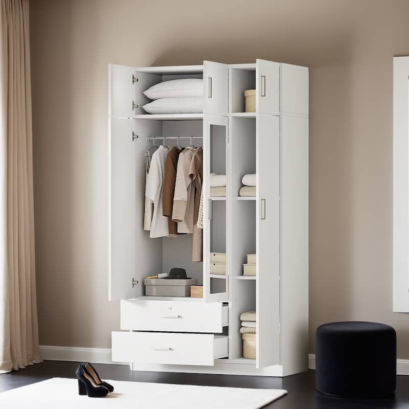 3-Door Mirror Wardrobe with 2 Drawers and Top Cabinet - White