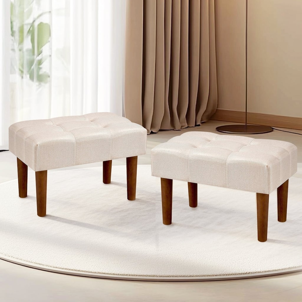 Javlergo Set of 1 or 2 Linen Ottoman Foot Rest with Wooden Legs Tufted Rectangle Upholstered Footstool for Couch Living Room